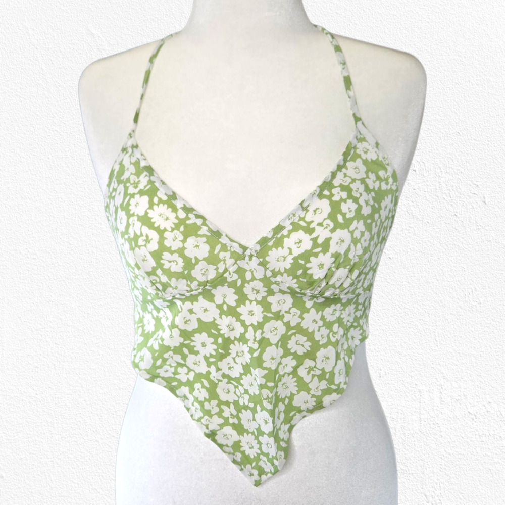 Floral Green White Handkerchief Hem V Neck Halter Tie Back Tank Top Size Large